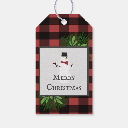 雪だるまレッドバッファロープレイドギフトラベル ギフトタグ (正面)