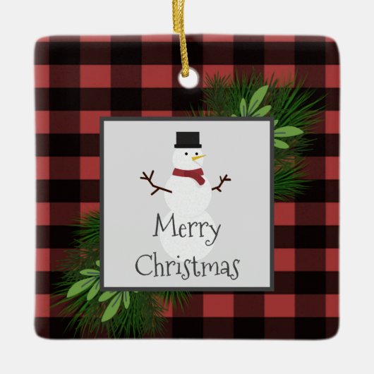 雪だるまレッドバッファロープレイドセラミックオーナメント セラミックオーナメント (正面)
