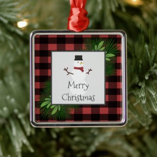 雪だるまレッドバッファロープレイドセラミックオーナメント メタルオーナメント
