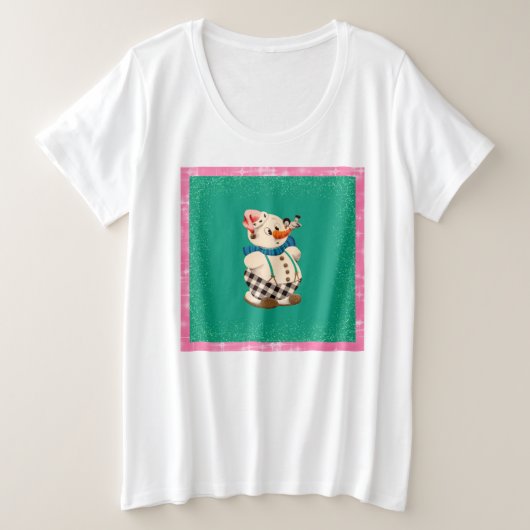 雪だるまヴィンテージクリスマスオンホワイト プラスサイズTシャツ (デザイン正面)