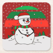 雪だるまヴィンテージレインボースノーフレークスレッドグリーン スクエアペーパーコースター (正面)