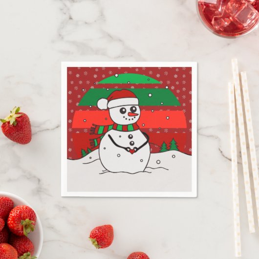 雪だるまヴィンテージレインボースノーフレークスレッドグリーン スタンダードカクテルナプキン (インサイチュ)