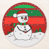 雪だるまヴィンテージレインボースノーフレークスレッドグリーン ラウンドペーパーコースター (正面)