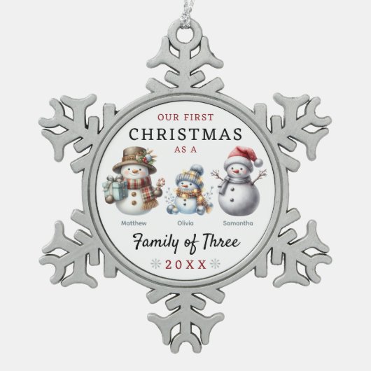 雪だるま三種初めてのクリスマス スノーフレークピューターオーナメント (正面)