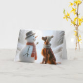 雪だるま付きクリスマスアイリッシュセッター カード (黄色い花)