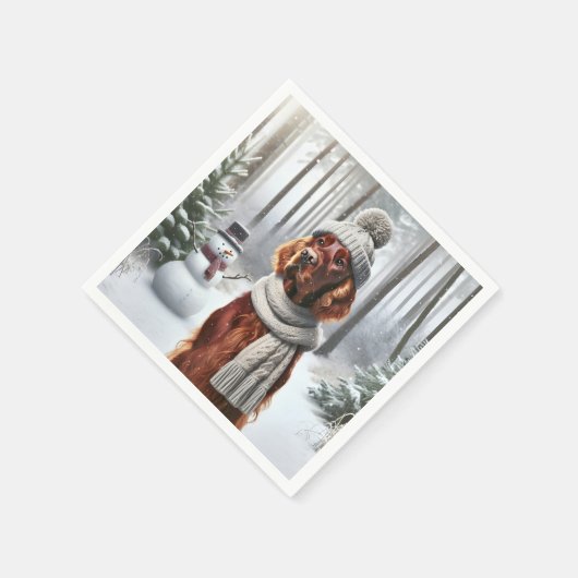 雪だるま付きクリスマスアイリッシュセッター スタンダードカクテルナプキン (角)