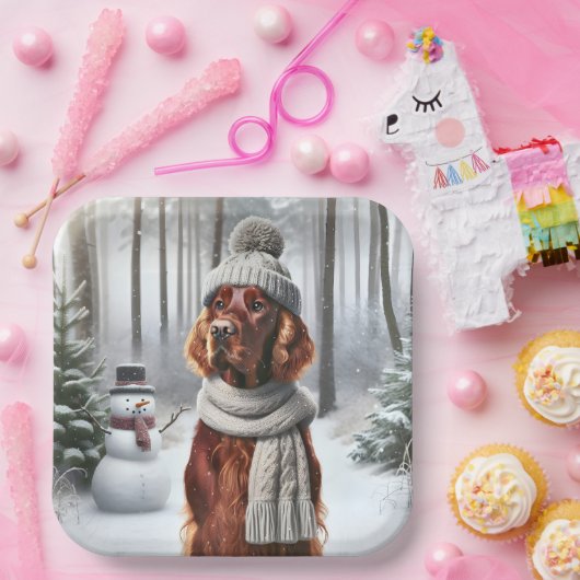 雪だるま付きクリスマスアイリッシュセッター ペーパープレート (パーティー)