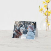 雪だるま付きクリスマスシベリアン・ハスキー カード (黄色い花)