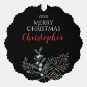 雪だるま付きサンタクパーソナライズされたラス オーナメントカード (裏面)