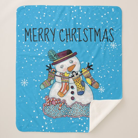 雪だるま付きストッキングフリースシェルパブランケット シェルパブランケット (正面)
