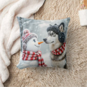 雪だるま付きハスキー犬 クッション (ブランケット)