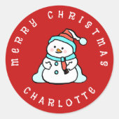 雪だるま付き名前をカスタムする | かわいい赤いクリスマス ラウンドシール (正面)