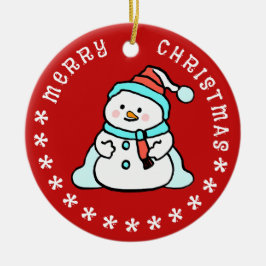 雪だるま付き名前をカスタムする | かわいい赤 セラミックオーナメント