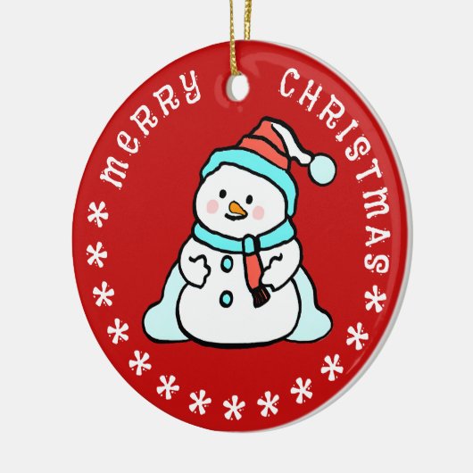 雪だるま付き名前をカスタムする | かわいい赤 セラミックオーナメント (左)