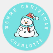 雪だるま付き名前をカスタムする | クリスマスターコイズ ラウンドシール (正面)