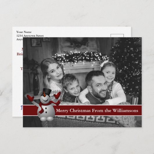 雪だるま付き自動ブラックとホワイトのクリスマスフォト ポストカード (正面/裏面)