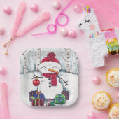 雪だるま付水彩紙プレート ペーパープレート (パーティー)