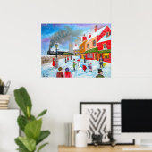 雪だるま冬のフォークア絵画ート列車 ポスター (ホームオフィス)