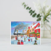 雪だるま冬のフォークア絵画ート列車 ポストカード (スタンド正面)