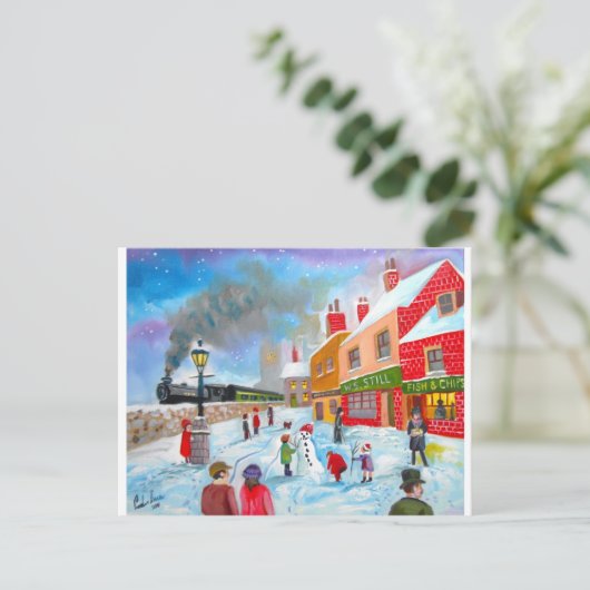 雪だるま冬のフォークア絵画ート列車 ポストカード (スタンド正面)