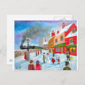 雪だるま冬のフォークア絵画ート列車 ポストカード (正面/裏面)