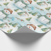 雪だるま冬の果実の緑のクリスマスモダン ラッピングペーパー (角)