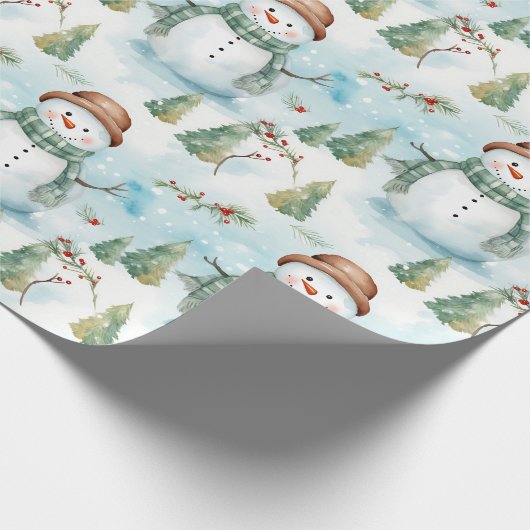 雪だるま冬の果実の緑のクリスマスモダン ラッピングペーパー (角)