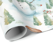 雪だるま冬の果実の緑のクリスマスモダン ラッピングペーパー (ロールコーナー)