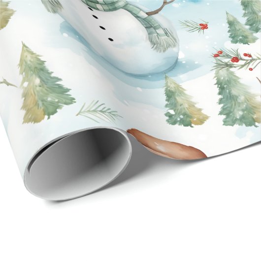 雪だるま冬の果実の緑のクリスマスモダン ラッピングペーパー (ロールコーナー)