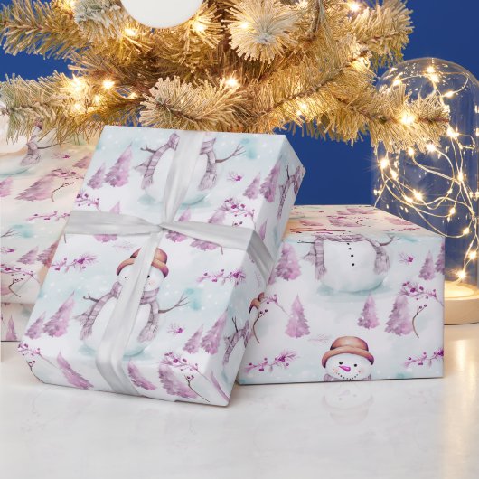 雪だるま冬の果実の緑のクリスマスモダン ラッピングペーパー (クリスマス)