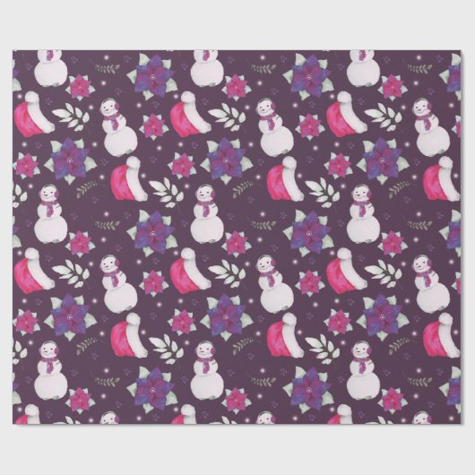 雪だるま冬の緑の紫のクリモダンスマス ラッピングペーパー (フラット)