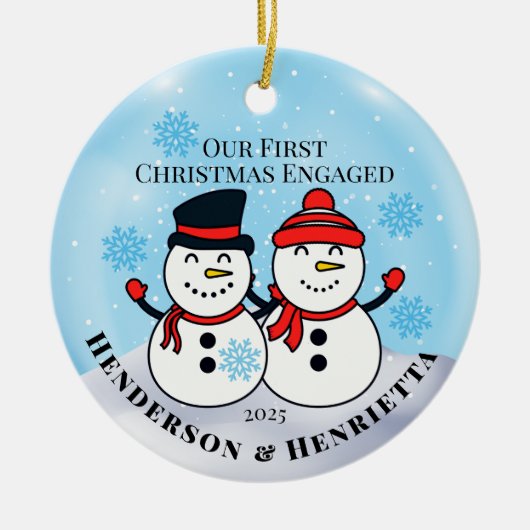 雪だるま初めてのクリスマス 婚約した セラミックオーナメント (正面)
