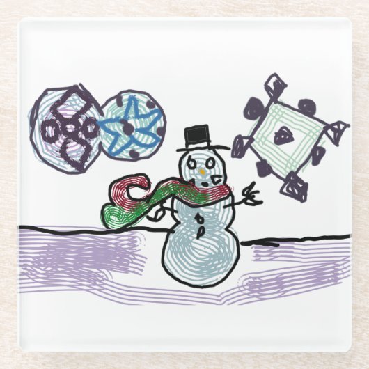 雪だるま喜び ガラスコースター (正面)