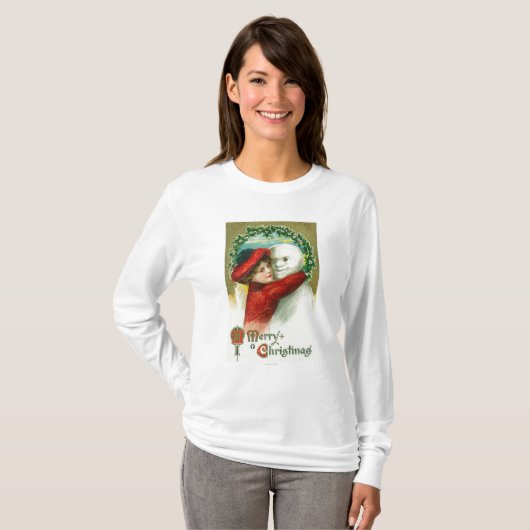 雪だるま場面を抱き締めるメリークリスマス Tシャツ (正面フル)