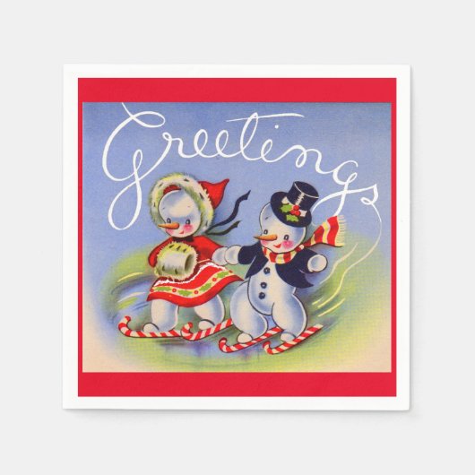 雪だるま夫妻からのクリスマス挨拶 スタンダードカクテルナプキン (正面)