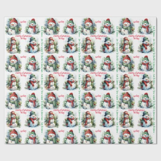 雪だるま子の名前を追加クリスマスの可愛さ ラッピングペーパー (フラット)