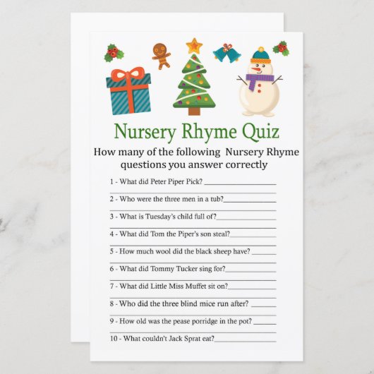 雪だるま子供部屋ライムクイズベビーシャワーゲーム (正面/裏面)