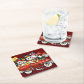 雪だるま家族がクリスマスにドライブに出る スクエアペーパーコースター (インサイチュ)