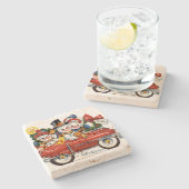 雪だるま家族がクリスマスにドライブに出る ストーンコースター (横)