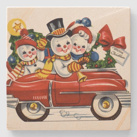 雪だるま家族がクリスマスにドライブに出る ストーンコースター (正面)
