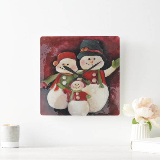 雪だるま家族のクリスマスの時計 スクエア壁時計 (ホーム)