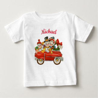 雪だるま家族の車のクリスマスパーソナライズされた名 ベビーTシャツ