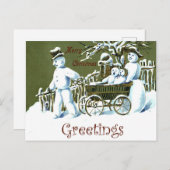 雪だるま家族の途中、冬の季節、ヴィンテージ ポストカード (正面/裏面)