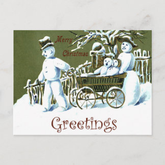雪だるま家族の途中、冬の季節、ヴィンテージ ポストカード