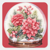 雪だるま式のクリスマスレッドの花 スクエアシール (正面)