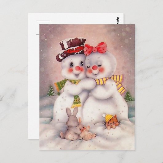 雪だるま愛好の夫婦，ヴィンテージの挨拶 ポストカード (正面/裏面)