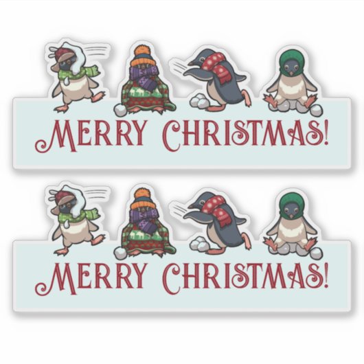 雪だるま戦いペンギン陽気なクリスマスの漫画 シール (正面)