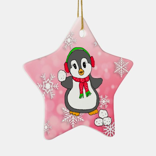 雪だるま投げるキュートなペンギンのクリスマス セラミックオーナメント (右)