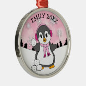 雪だるま投げるキュートなペンギンのクリスマス メタルオーナメント (右)