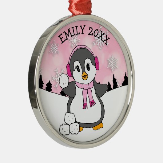 雪だるま投げるキュートなペンギンのクリスマス メタルオーナメント (右)